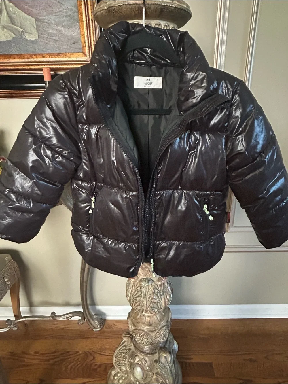 H&M Black Glossy Puffer Jacket Cyber Y2K Ski Moto Kids Size 6